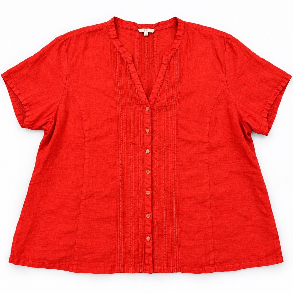 Eileen Fisher Woman 3X Red Irish Linen Blouse Pintuck Button Front Plus Size